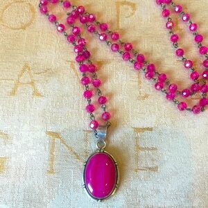 Fuchsia pink beaded necklace with sterling silver pink lace pendant